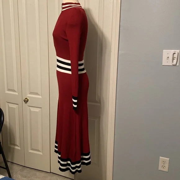 Maje Burgundy Striped Zip Midi Knit Dress Medium - Picture 6 of 10